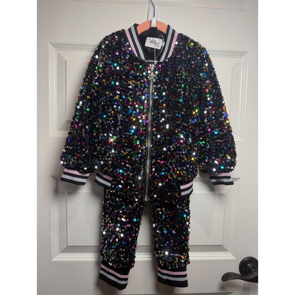 Lola + The Boys Kids Rainbow Sequin Bomber Jacket and Jogger Pants Set Size 2
